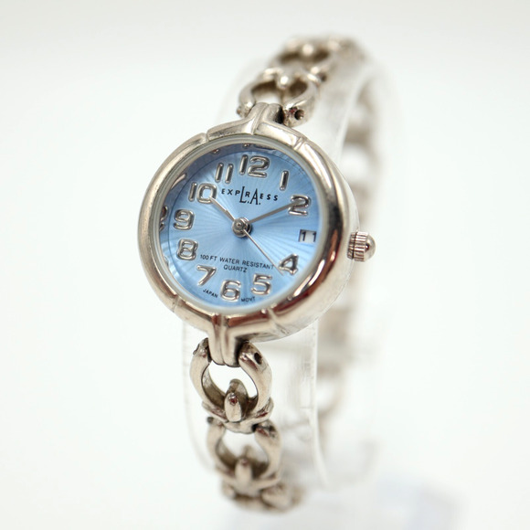 LA Express Womens Silver Tone Watch 23mm Ice Blue Date Dial with New Battery - Picture 1 of 14